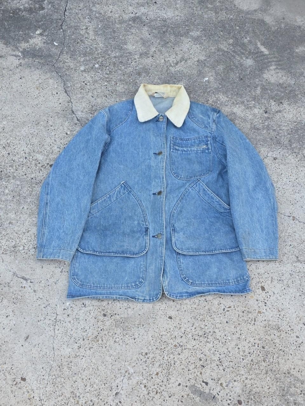 Vintage LL Bean Denim Chore Coat Field Jacket Corduroy Collar Cuff Size Medium
